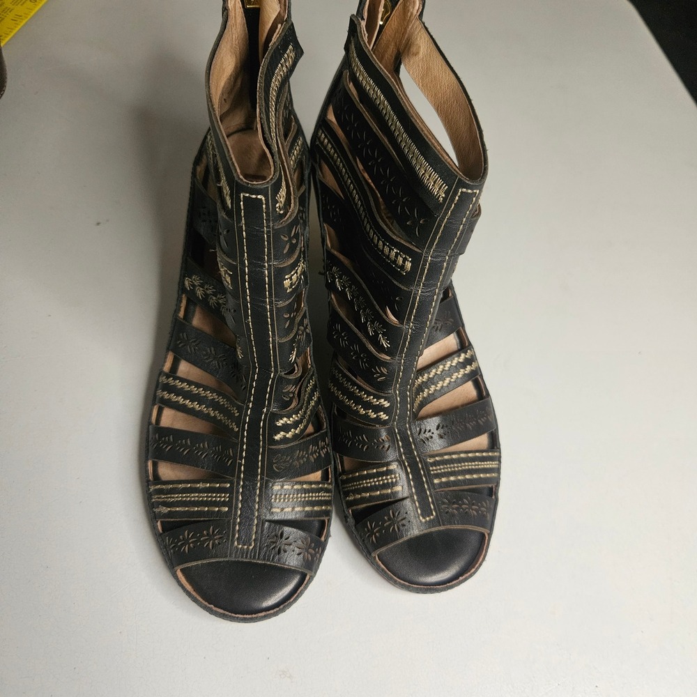 Pikolinos Black Leather Embroidered Cage Sandals Wood Heel EU 37
